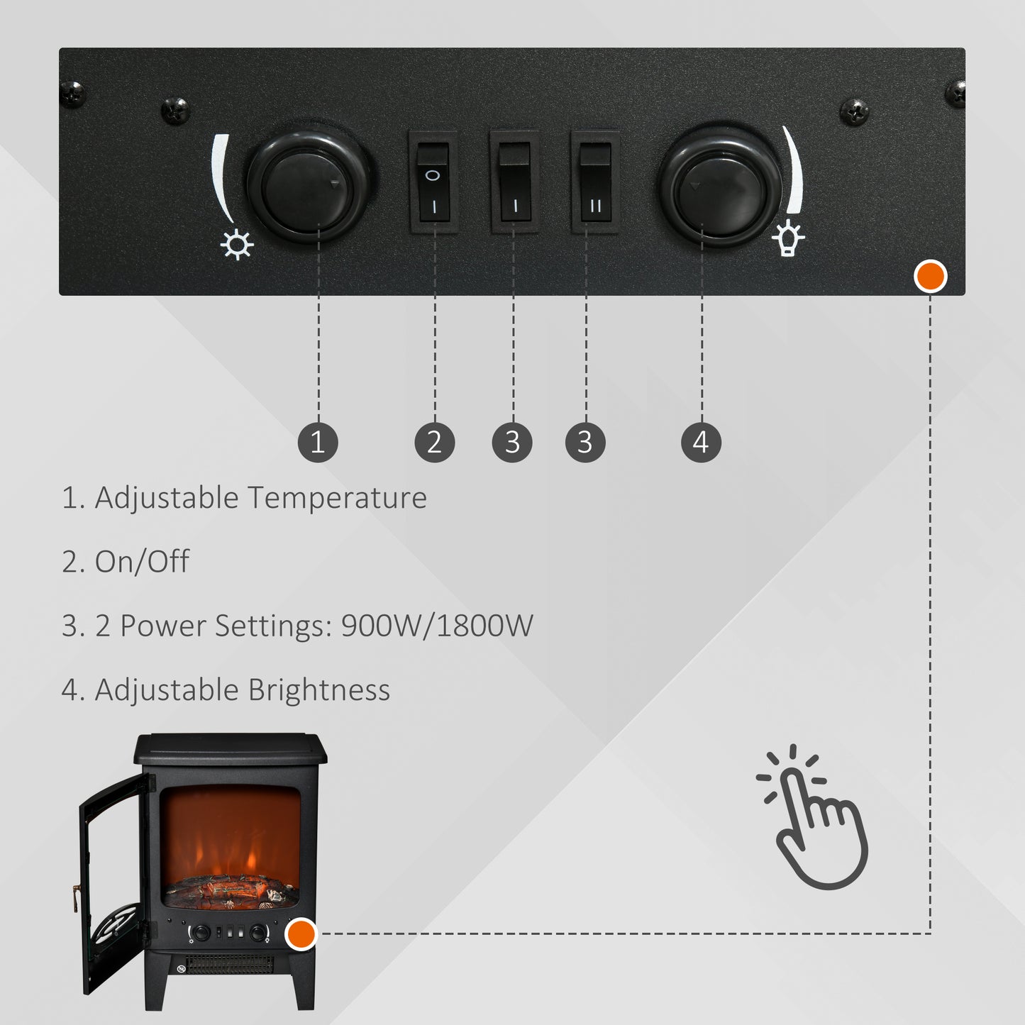 HOMCOM Electric Fireplace Stove, Free standing Fireplace Heater with Realistic LED Flame Effect and Adjustable Brightness, Overheat Safety Protection, 900W/1800W, Black