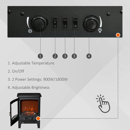HOMCOM Electric Fireplace Stove, Free standing Fireplace Heater with Realistic LED Flame Effect and Adjustable Brightness, Overheat Safety Protection, 900W/1800W, Black