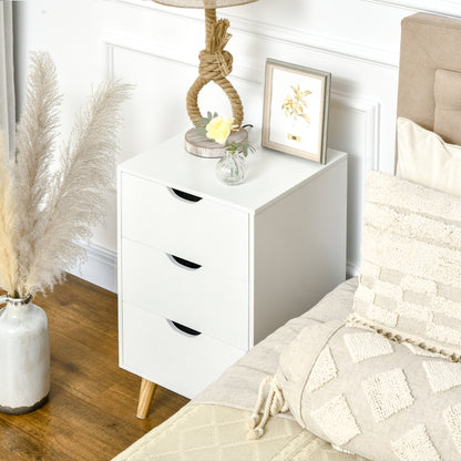HOMCOM Bedside Table, Bedside Cabinet with 3 Drawers, Side End Table with Pine Wood Legs for Bedroom Living Room, White