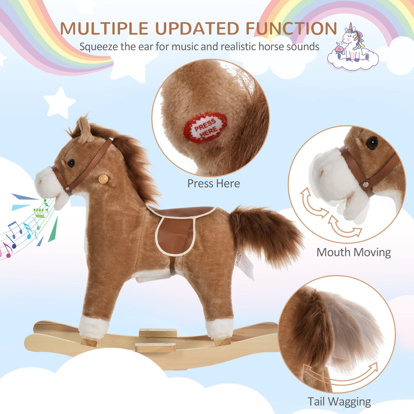 HOMCOM Kids Classic Rocking Horse, with Moving Mouth, Neighing Sounds, Brown