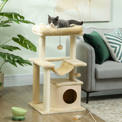 PawHut Cat Tree, 90cm Cat Tower with Sisal Scratching Posts, Cat Condo, Hammock, Top Perch and 2 Hanging Toys for Cats, Beige