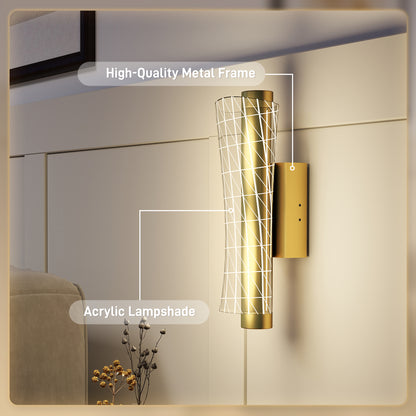 HOMCOM Led Wall Lamp 2 Pack, 9W Modern Indoor Geometric Mesh Wall Light, Colour Temperature Adjustable 3000K/4000K/6500K for Bedroom, Living Room, Hallway, Stairs, Gold Tone