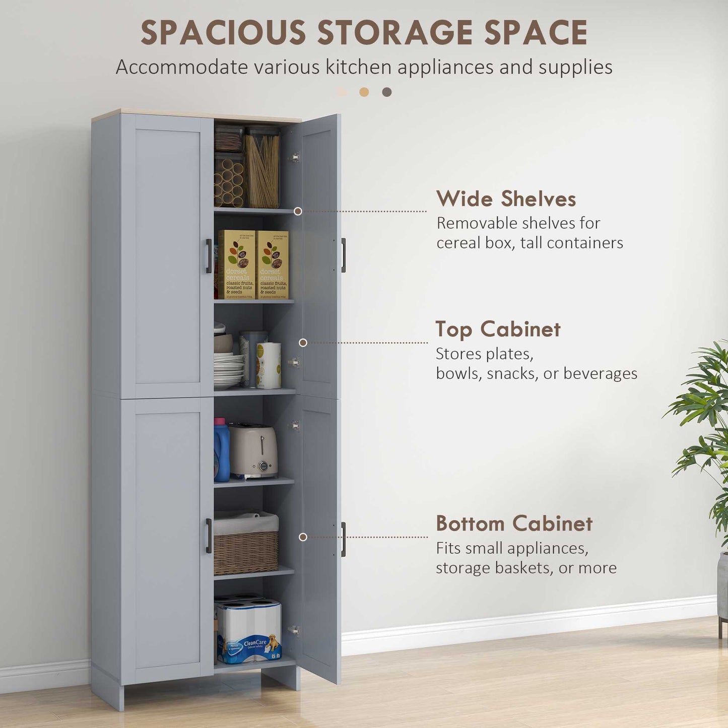 HOMCOM Freestanding Kitchen Cupboard, 4-Door Storage Cabinet with Adjustable Shelves, Modern Kitchen Pantry for Dining Room, 170cm, Grey