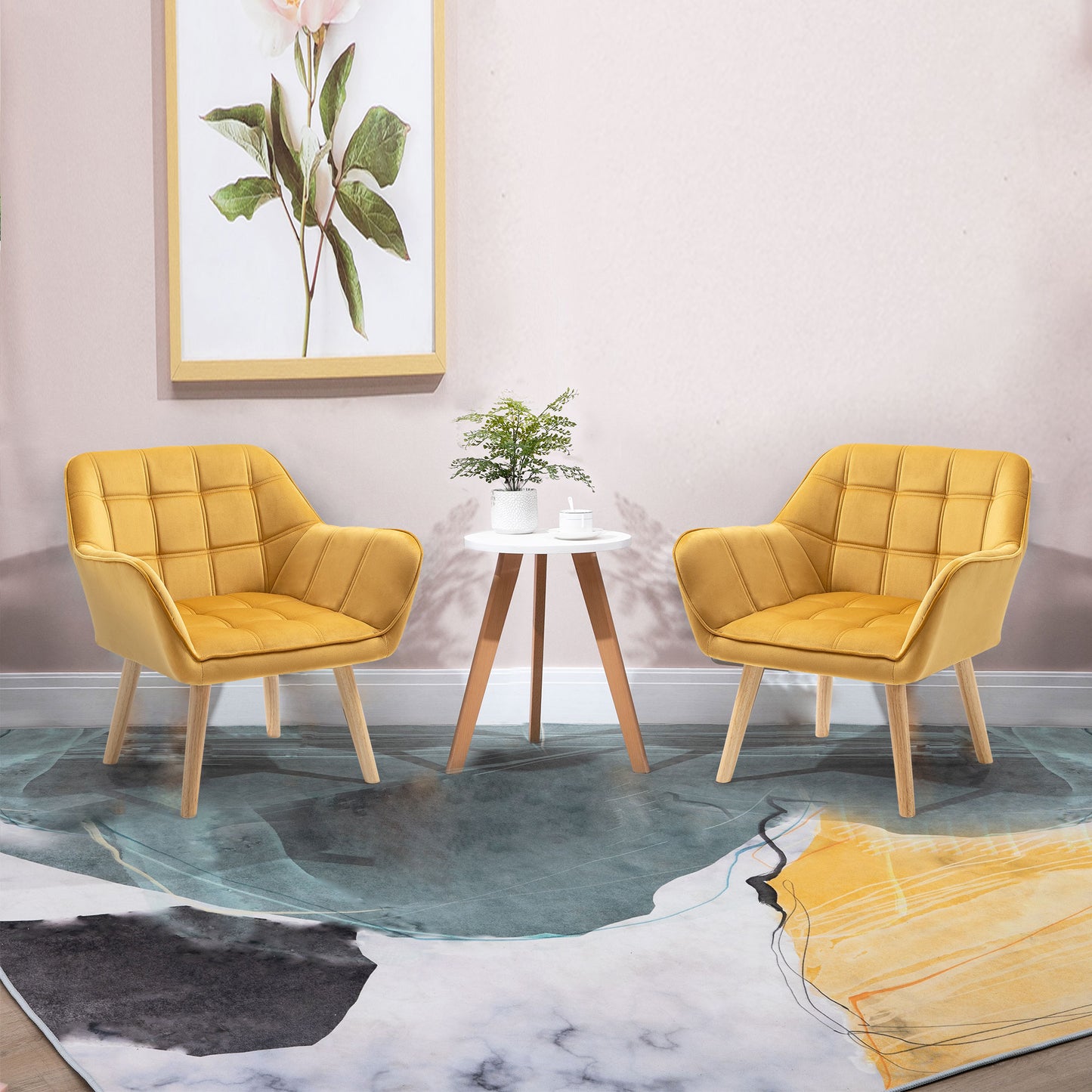 HOMCOM Accent Chair, Velvet Upholstered Vanity Tub Chair with Flared Armrests, Slanted Back, Solid Wood Legs, Comfy Padding Armchair, Home Bedroom Furniture Seating, Yellow