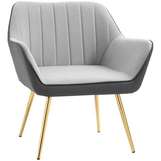 HOMCOM Velvet Armchair, Upholstered Accent Chair with Golden Steel Legs, Modern Vanity Chair for Living Room and Bedroom, Light Grey