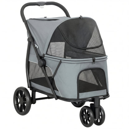 PawHut Dog Stroller, 3 Wheels Pet Stroller with Dual Entry, Easy One-Click Quick Fold, Mesh Windows, Washable Cushion
