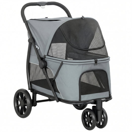 PawHut Dog Stroller, 3 Wheels Pet Stroller with Dual Entry, Easy One-Click Quick Fold, Mesh Windows, Washable Cushion