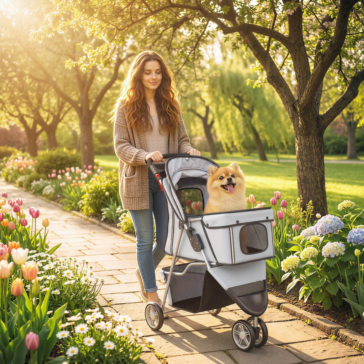 PawHut Dog Stroller, 3 Wheels Foldable Pet Stroller with Adjustable Canopy, Storage Basket for Small Mini Breeds, Grey