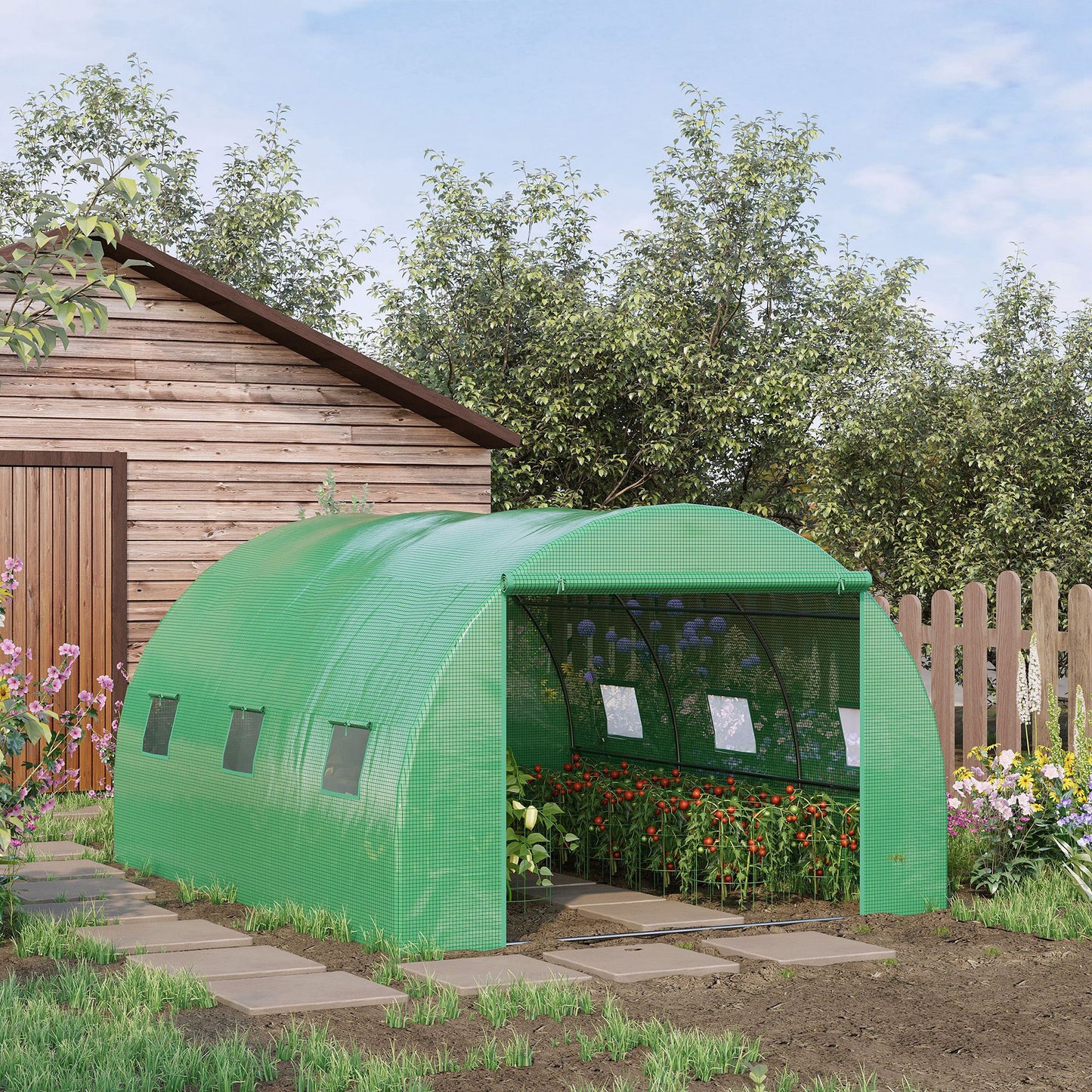 Outsunny Walk-in Polytunnel Greenhouse, Outdoor Garden Tunnel Greenhouse Tent with Zipped Roll-Up Door and 6 Mesh Windows, 4 x 3M--ChewyGames-ChewyGames