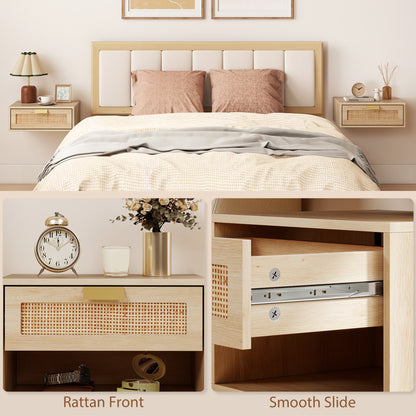 HOMCOM Floating Bedside Tables Set of 2, Wall Mounted Bedside Cabinets with Rattan Drawer and Wood Effect, Oak