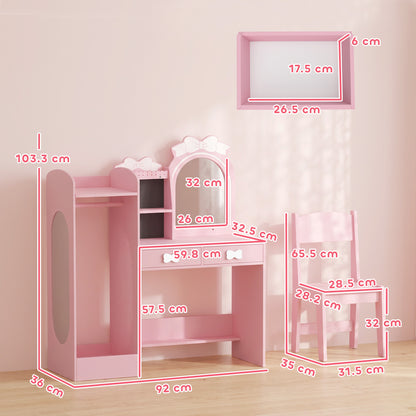 AIYAPLAY Kids Dressing Table, 3-in-1 Girls Vanity Set with Stool, 2-Colour Lights Mirror, Clothes Rack for Ages 3-8, Pink