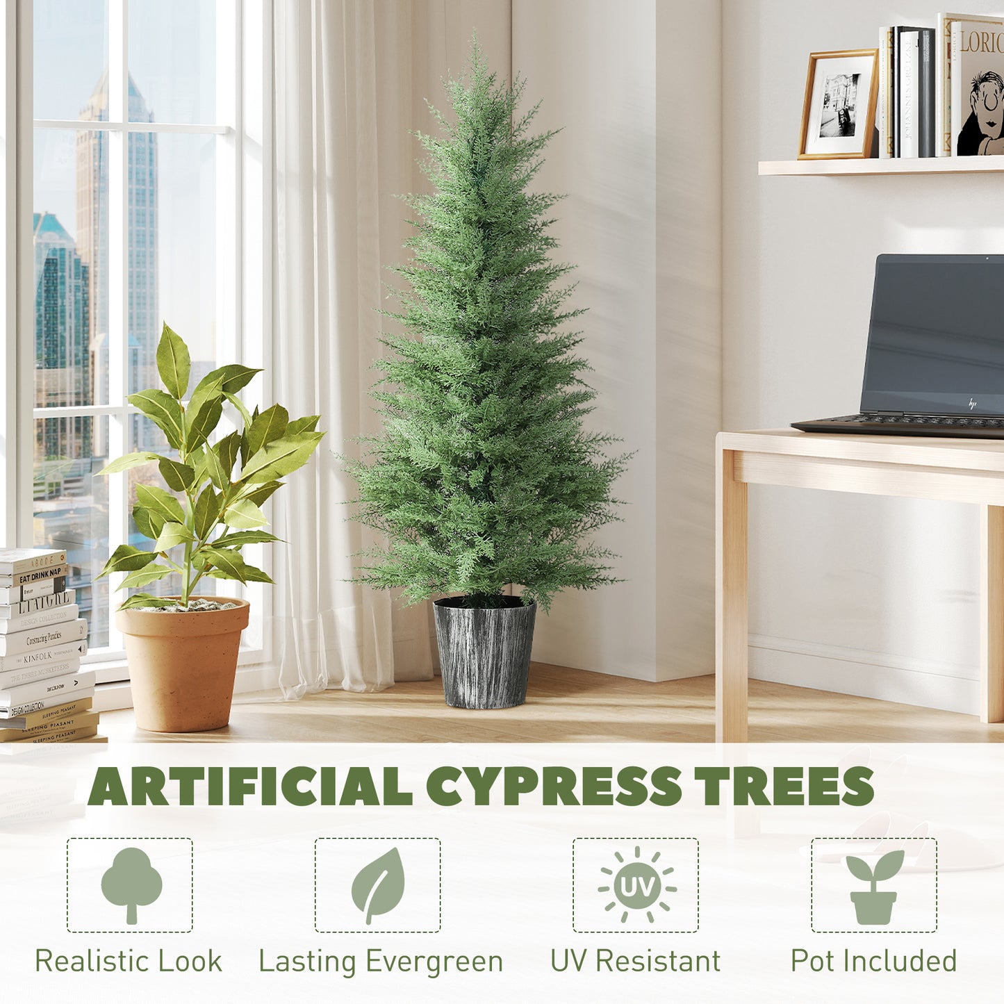 HOMCOM 135cm Artificial Cypress Trees Set of 2, UV Resistant Artificial Plants with Decorative Pot, Fake Plants for Indoor Outdoor Decor, Green--ChewyGames-ChewyGames