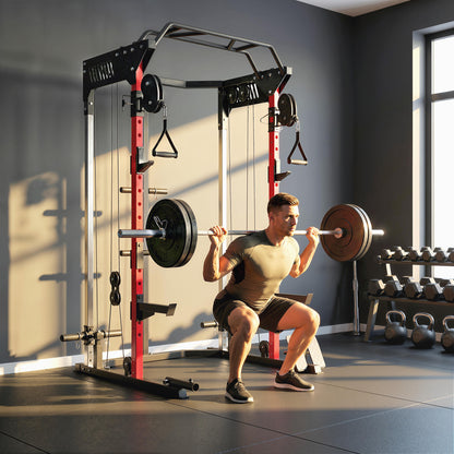 SPORTNOW Power Cage, Power Rack with Adjustable Cable Pulley System, Pull-Up Bar, Dip Station, Landmine