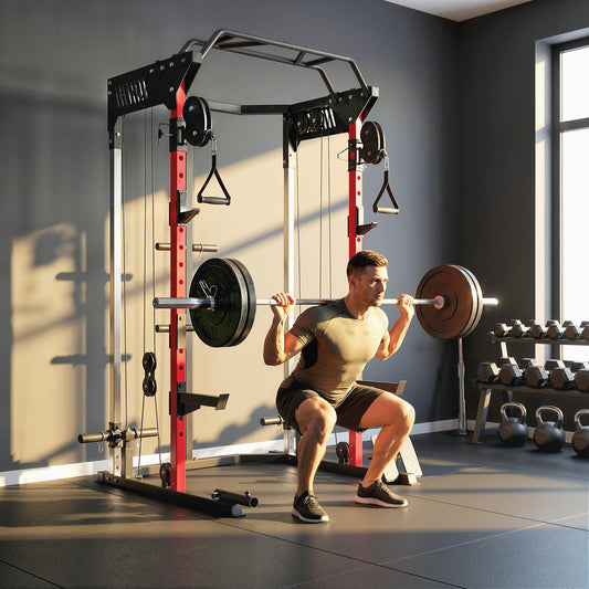 SPORTNOW Power Cage, Power Rack with Adjustable Cable Pulley System, Pull-Up Bar, Dip Station, Landmine