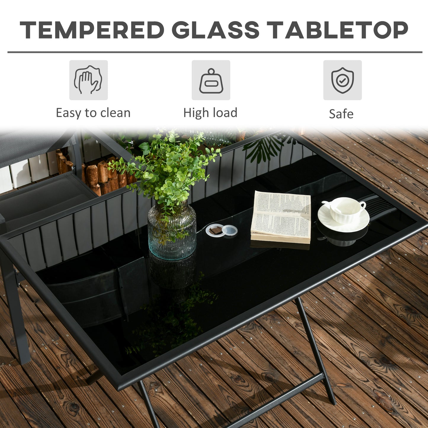 Outsunny Folding Outdoor Dining Table for 6, Rectangle Garden Table Tempered Glass Top with Parasol Hole for Patio, Balcony, Terrace, 110 x 70 x 70 cm, Black