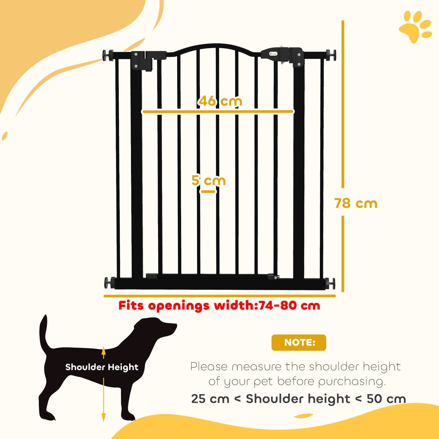PawHut Metal 74-80cm Adjustable Pet Gate Safety Barrier w/ Auto-Close Door Black