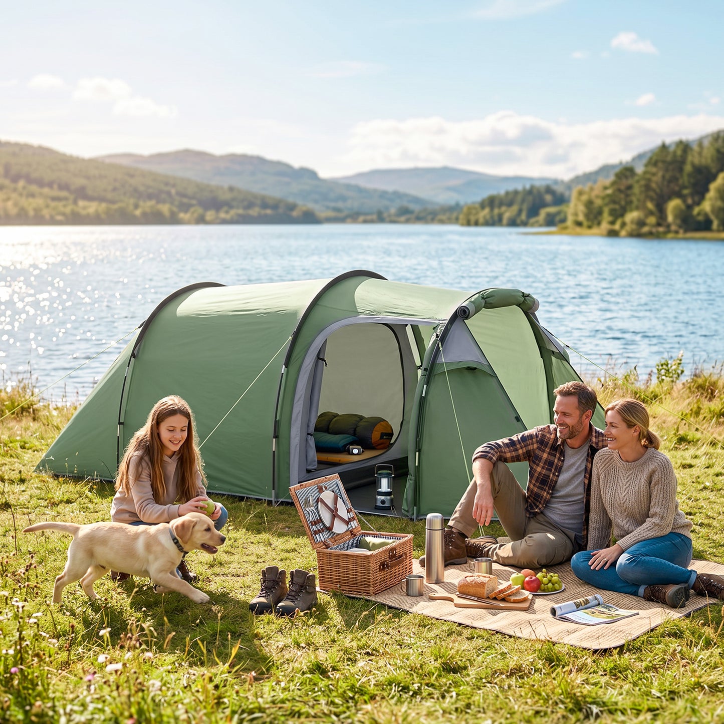 Outsunny Three-Man, Two-Room Tent - Green