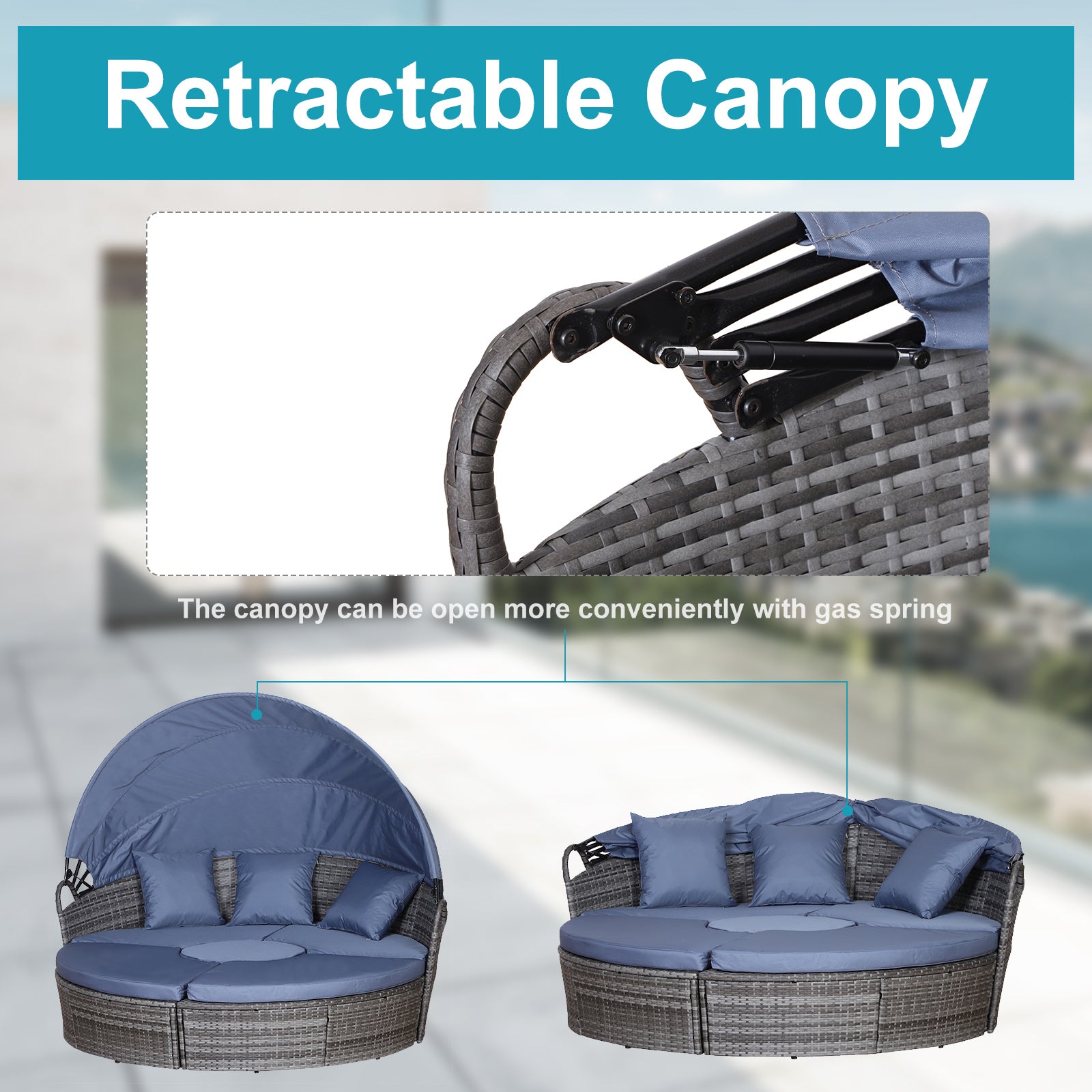 Outsunny Outdoor PE Rattan Garden Furniture with Cushioned, Patio Wicker Conversation Furniture Set, Round Daybed with Retractable Canopy, Coffee Table and Three Pillows, Grey/Blue Grey--ChewyGames-ChewyGames