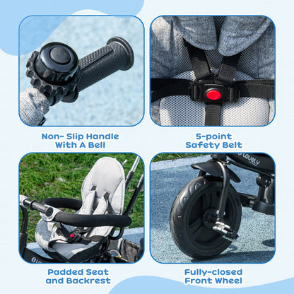 HOMCOM 6 in 1 Kids Trike Push Bike w/ Push Handle, Canopy, 5-point Seat Belt, Storage, Footrest, Brake, for 1-5 Years, Grey