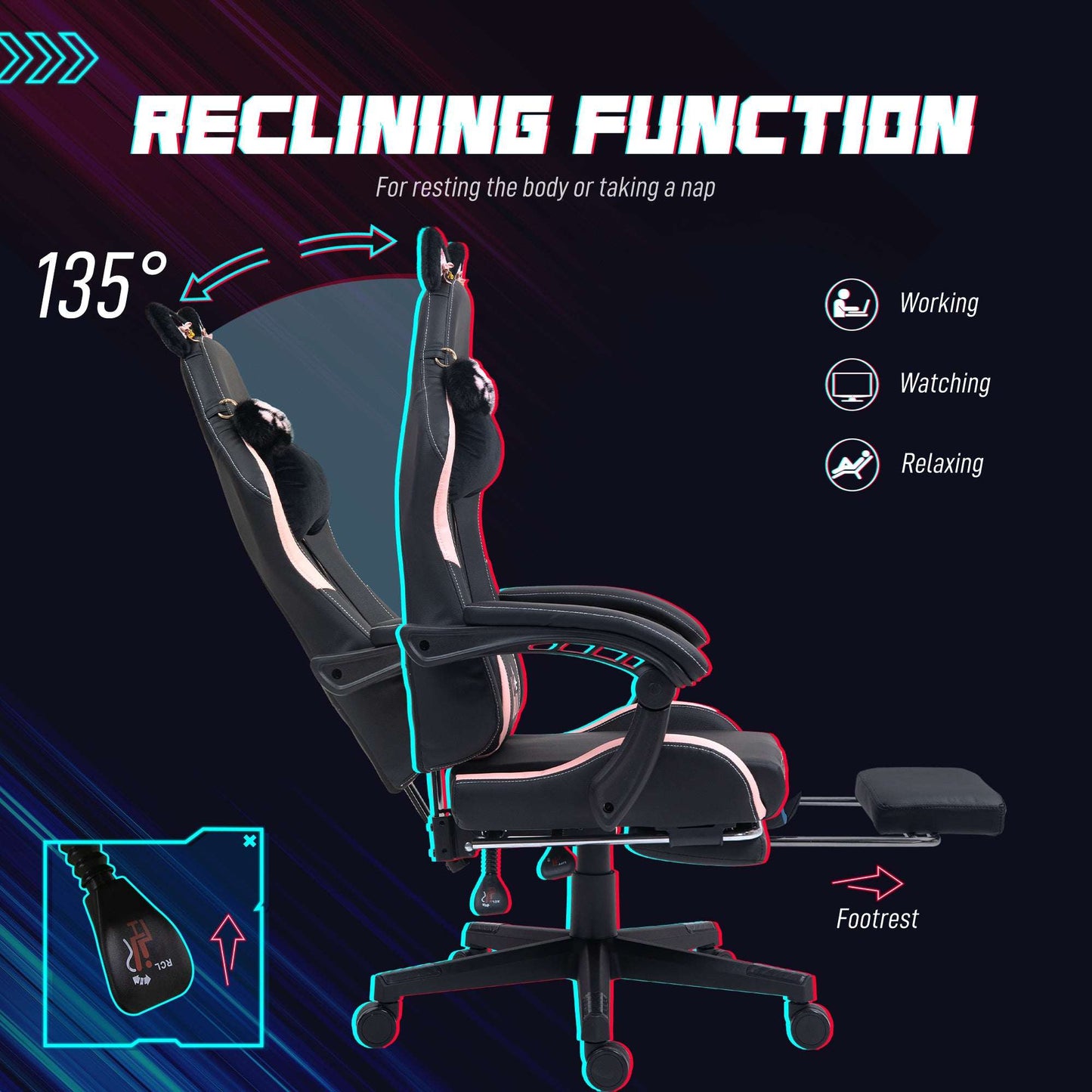 HOMCOM Cat Ear and Paw Reclining Office Chair, with Footrest - Black/Pink
