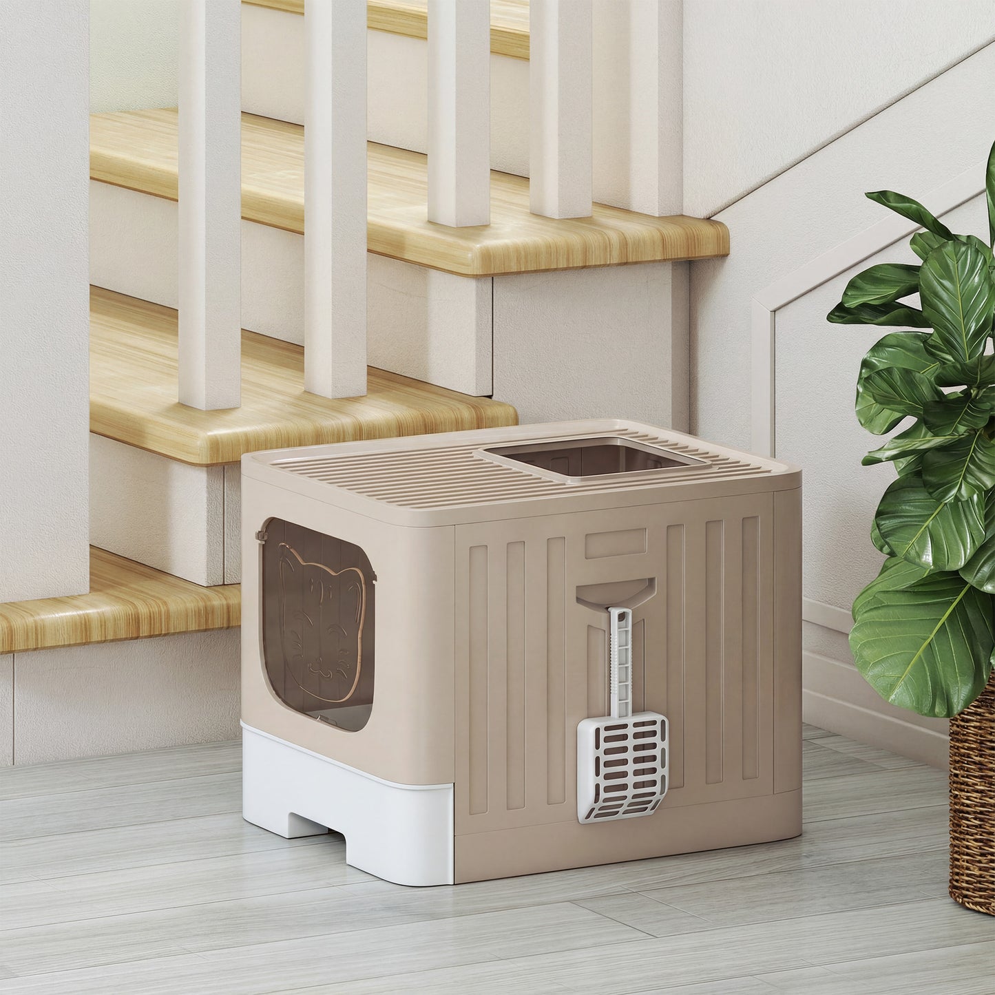PawHut Cat Litter Box with Lid, Slide-Out Drawer, Scoop, Easy Clean, Odour Control, Anti-Splashing, Khaki