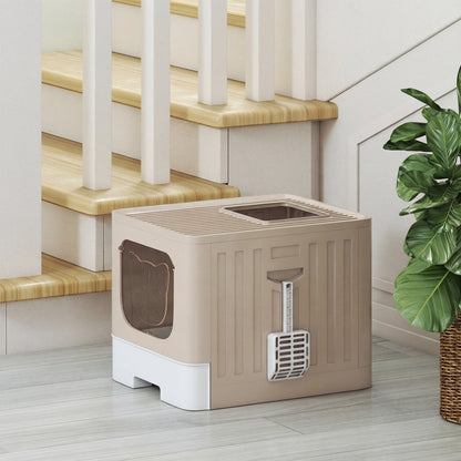 PawHut Cat Litter Box with Lid, Slide-Out Drawer, Scoop, Easy Clean, Odour Control, Anti-Splashing, Khaki