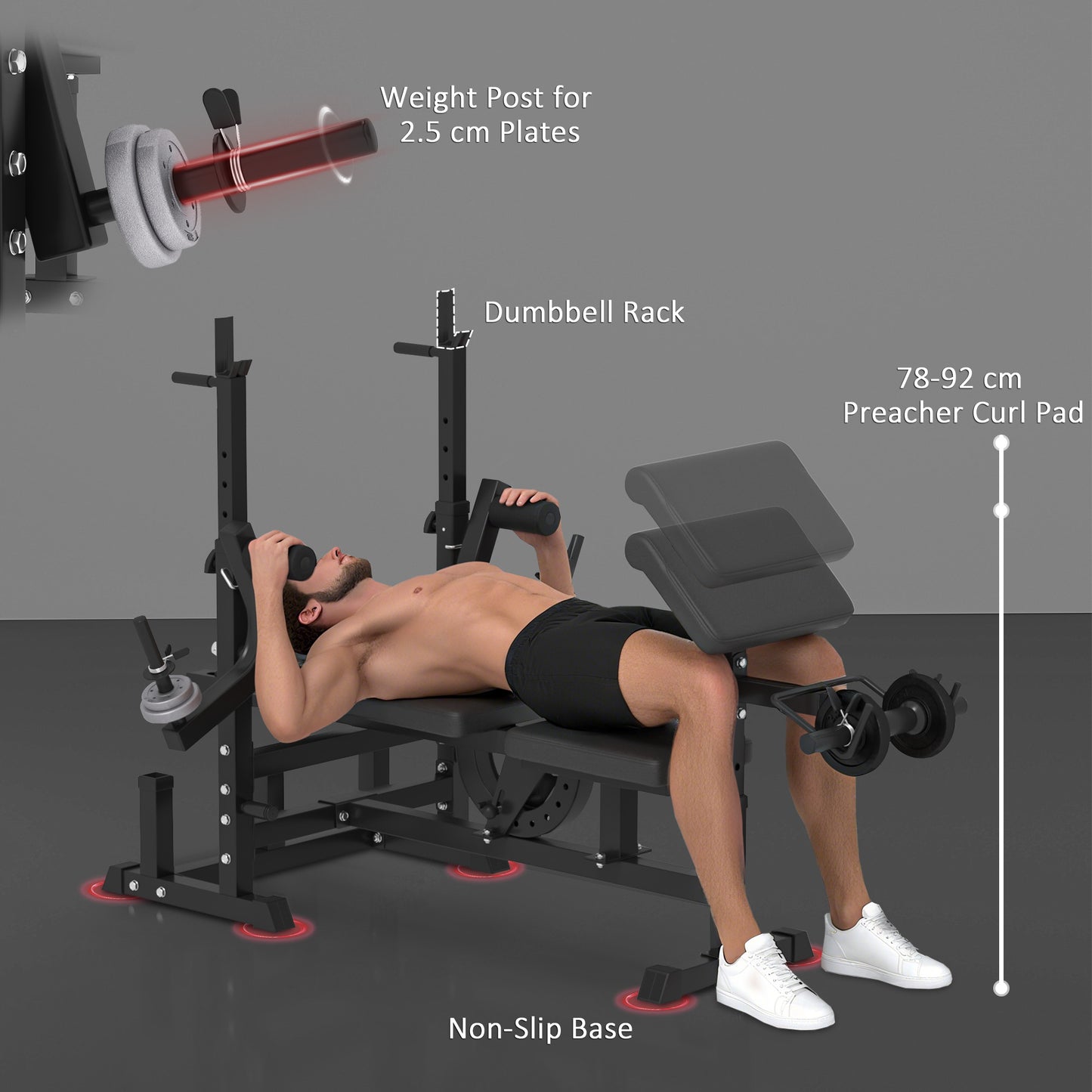HOMCOM Weight Bench, 6 in 1 Adjustable Bench Press with Leg Extension, Barbell Rack, Preacher Curl Pad, Resistance Band, Multi-Function Home Gym Equipment for Strength Training Weightlifting