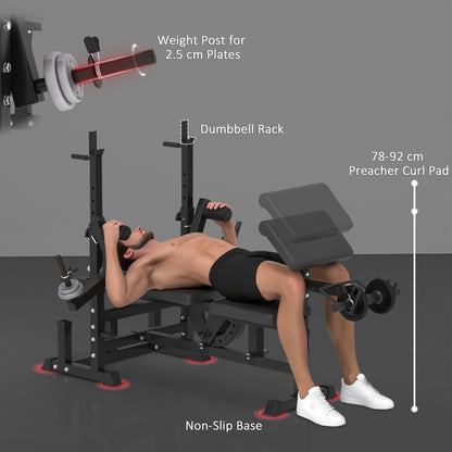 HOMCOM Weight Bench, 6 in 1 Adjustable Bench Press with Leg Extension, Barbell Rack, Preacher Curl Pad, Resistance Band, Multi-Function Home Gym Equipment for Strength Training Weightlifting