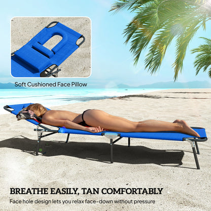Outsunny Folding Sun Loungers Set of 2 with Face Hole, 4-Position Adjustable Backrest Garden Recliner Chairs Sunbeds, Outdoor Lounge Chairs with 600 D Oxford Cloth Seat, Pillow for Beach, Blue