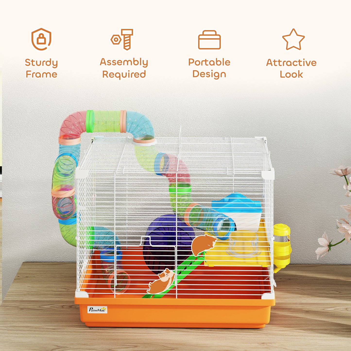 PawHut 2 Tier Hamster Cage, Gerbil Cage with Handle, Exercise Wheels, Tunnel, Water Bottle, Dishes, Ladder, for Dwarf--ChewyGames-ChewyGames