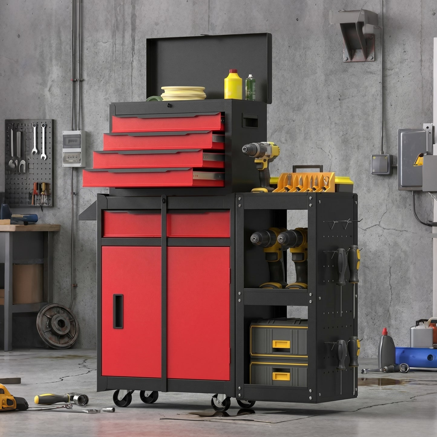HOMCOM Tool Chest, Mobile Modular Tool Box with 5 Drawers, Side Rack, Pegboard, Lock, Tool Cabinet for Garage Workshop, Red