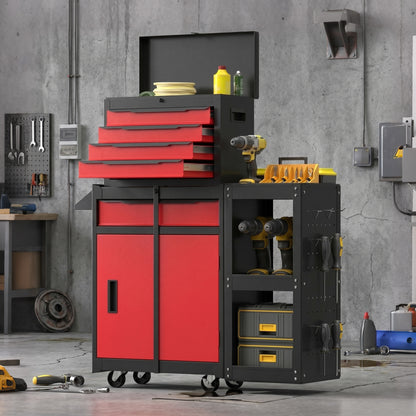 HOMCOM Tool Chest, Mobile Modular Tool Box with 5 Drawers, Side Rack, Pegboard, Lock, Tool Cabinet for Garage Workshop, Red