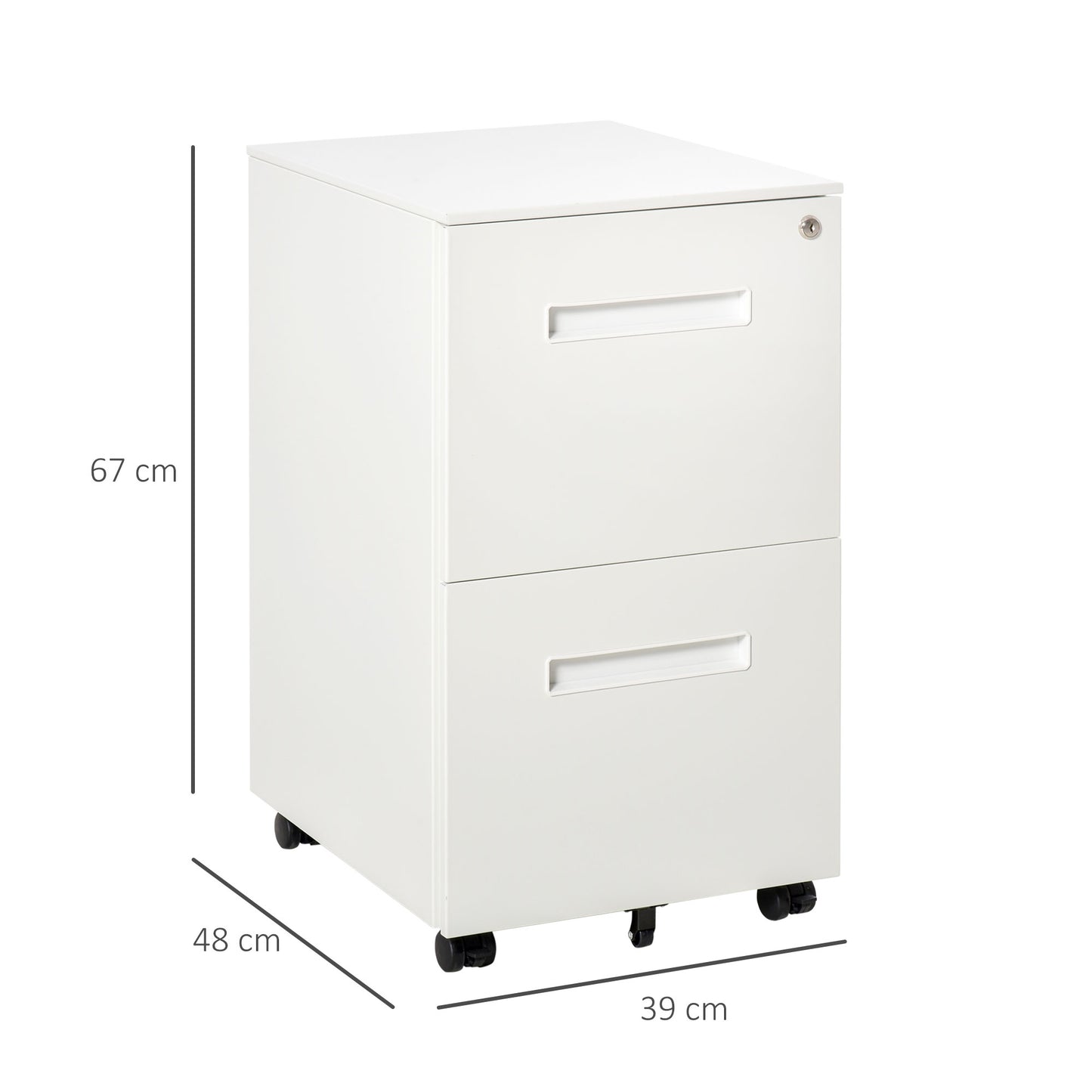 Vinsetto Metal Mobile File Cabinet with Wheels, Lockable 2 Drawer Filing Cabinet for A4, Legal, Letter, Compact Under Desk Storage Unit with Pre-Assembled Body for Home Office, 39 x 48 x 67cm, White
