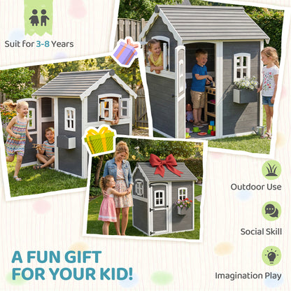 Outsunny Wooden Playhouse for Kids with Doors, Windows, Plant Box, Floors, for Ages 3-8 Years, for Gardens, Lawns, Patios - Grey
