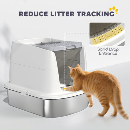 PawHut Large Stainless Steel Litter Box, Enclosed Metal Cat Litter Tray with Scoop, Deodoriser Bag, Front-Entry and Top-Exit