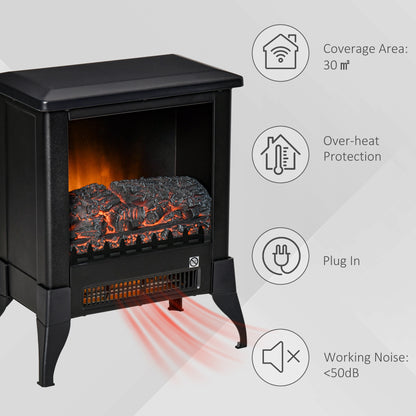 HOMCOM Electric Fireplace Stove, Free Standing Fireplace Heater with Realistic Flame Effect, Dual Power Settings (1800-2000W), Adjustable Temperature and Overheat Protection, Black