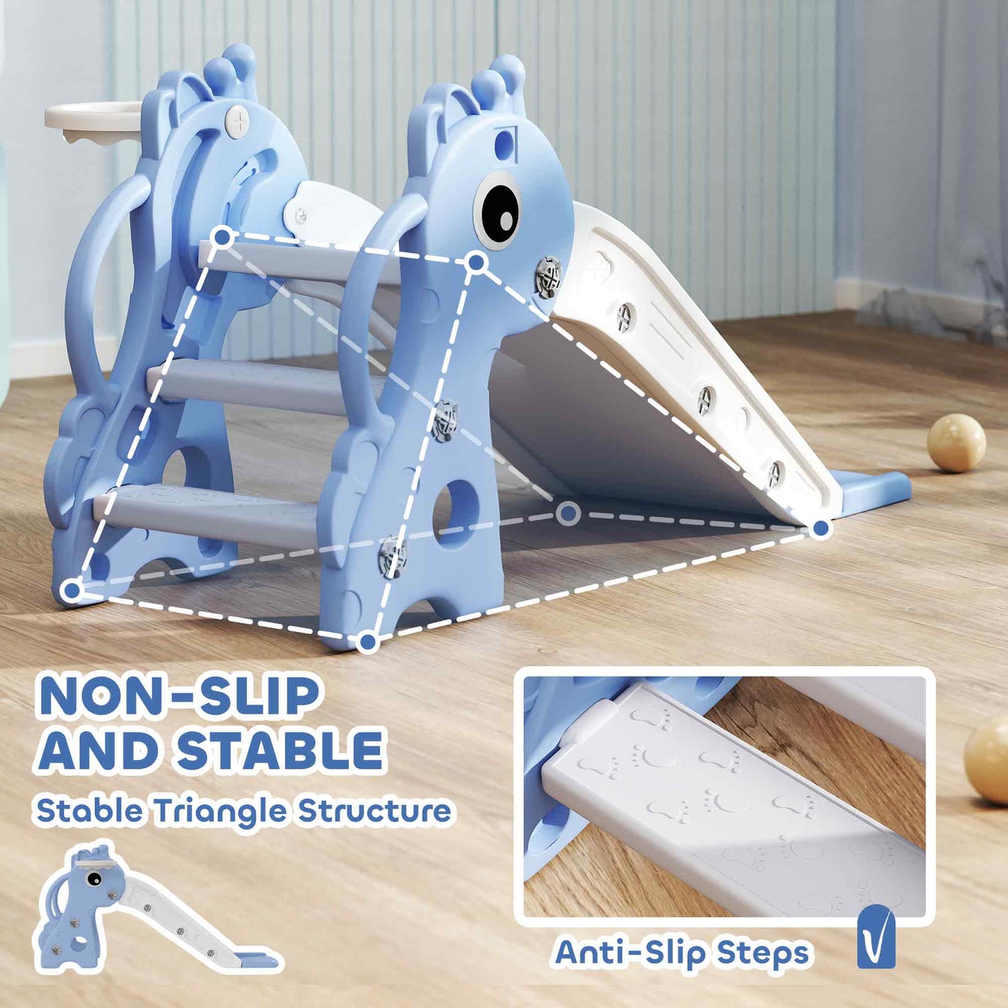 AIYAPLAY 3 in 1 Kids Slide with Climber, Basketball Hoop and Ball, Giraffe Shape Climber Slide for Indoor Kids Age 1-3, Blue