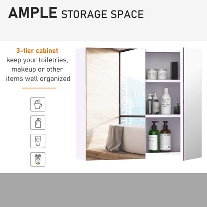 HOMCOM Bathroom Mirror Cabinet, 3-Tier Wall Mount Bathroom Storage Cabinet with Soft-Close Hinges and Adjustable Shelf, Double Door Cupboard, 70 x 15 x 60 cm, White