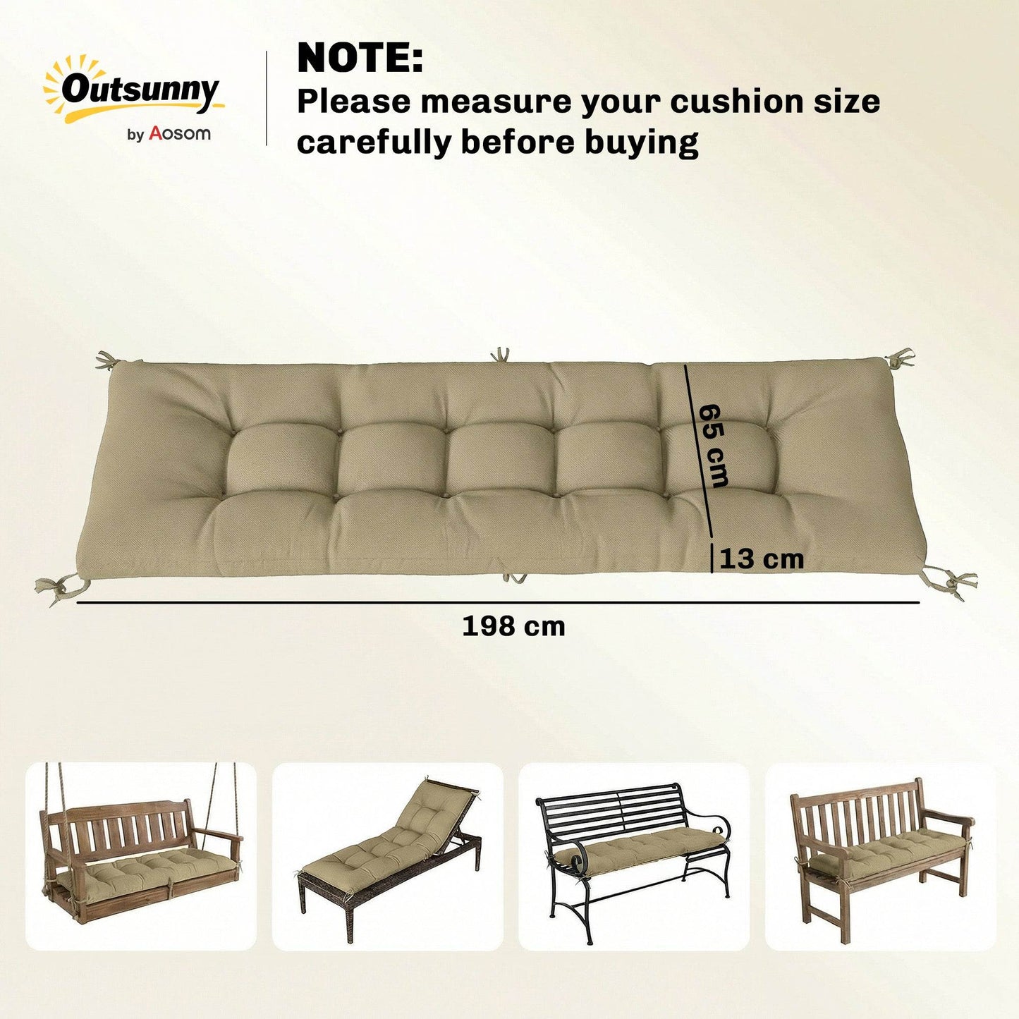 Outsunny Sun Lounger Cushion, Memory Foam Patio Chair Cushion with Ties, Outdoor Seat Pad Fits 190 x 60 cm Lounger, Sand