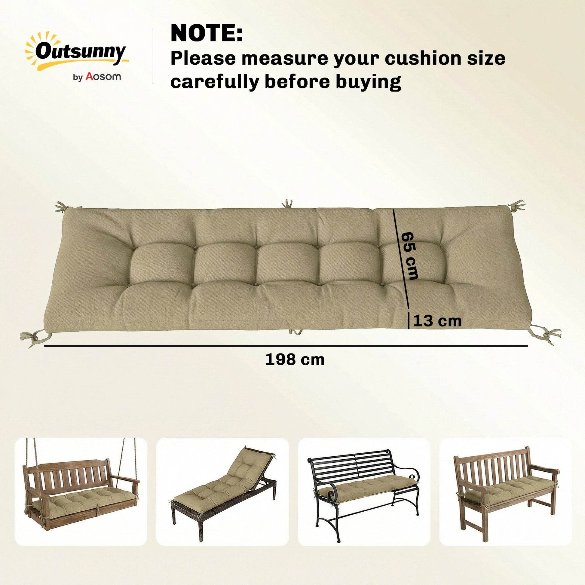 Outsunny Sun Lounger Cushion, Memory Foam Patio Chair Cushion with Ties, Outdoor Seat Pad Fits 190 x 60 cm Lounger, Sand