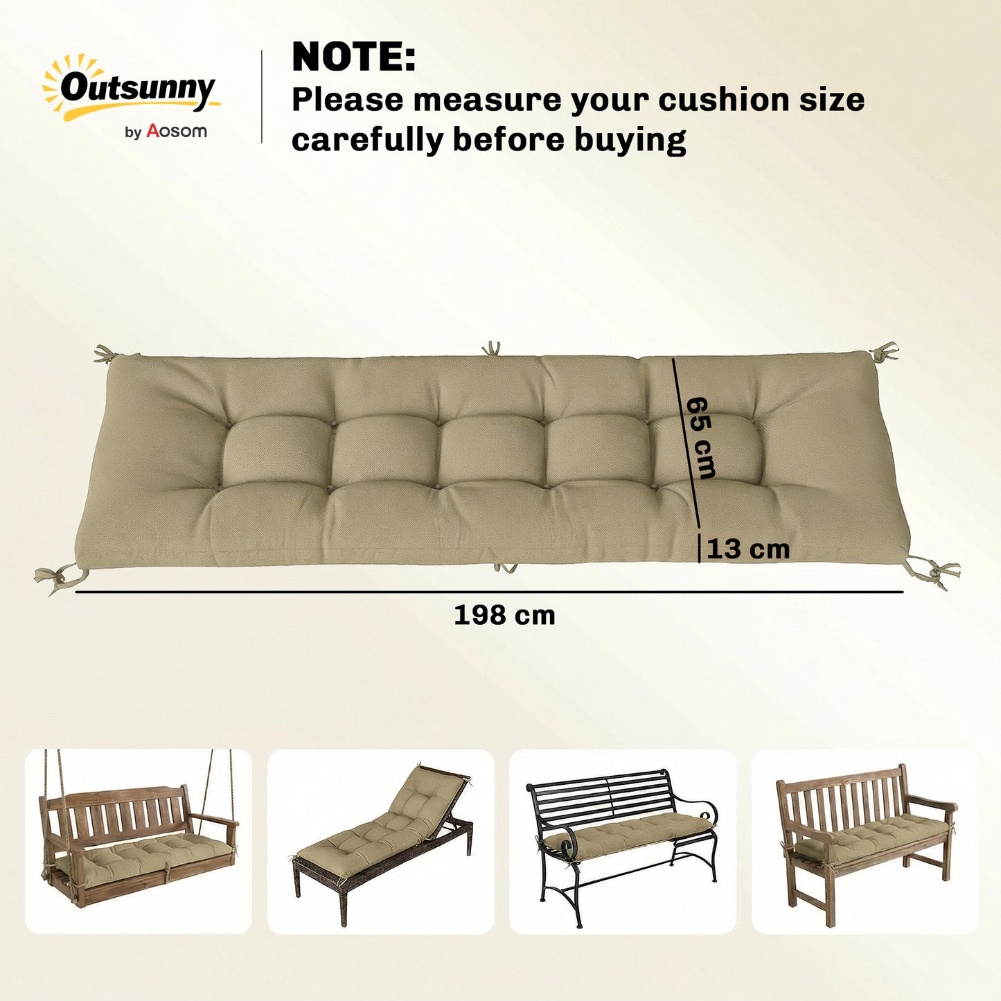 Outsunny Sun Lounger Cushion, Memory Foam Patio Chair Cushion with Ties, Outdoor Seat Pad Fits 190 x 60 cm Lounger, Sand