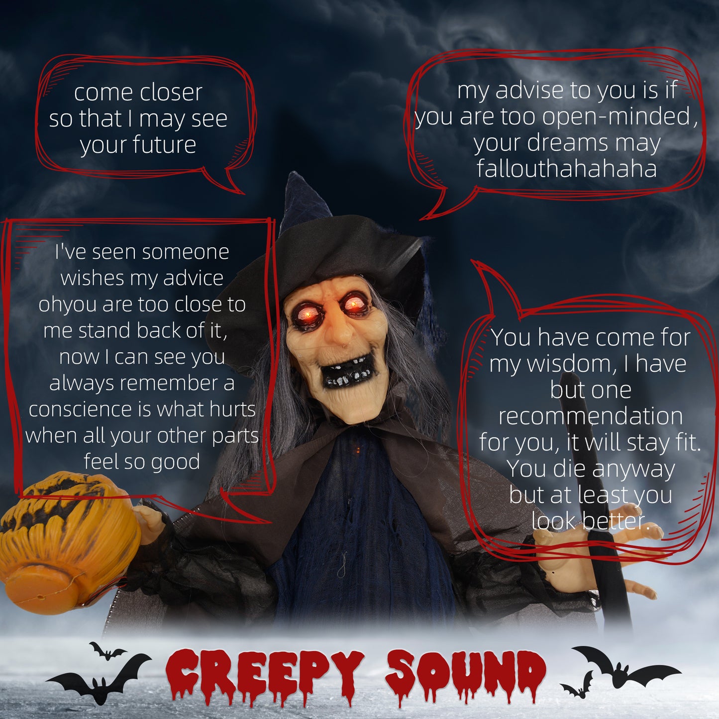 HOMCOM 6'2" Witch with Broomstick Halloween Animatronic, with Glowing Eyes