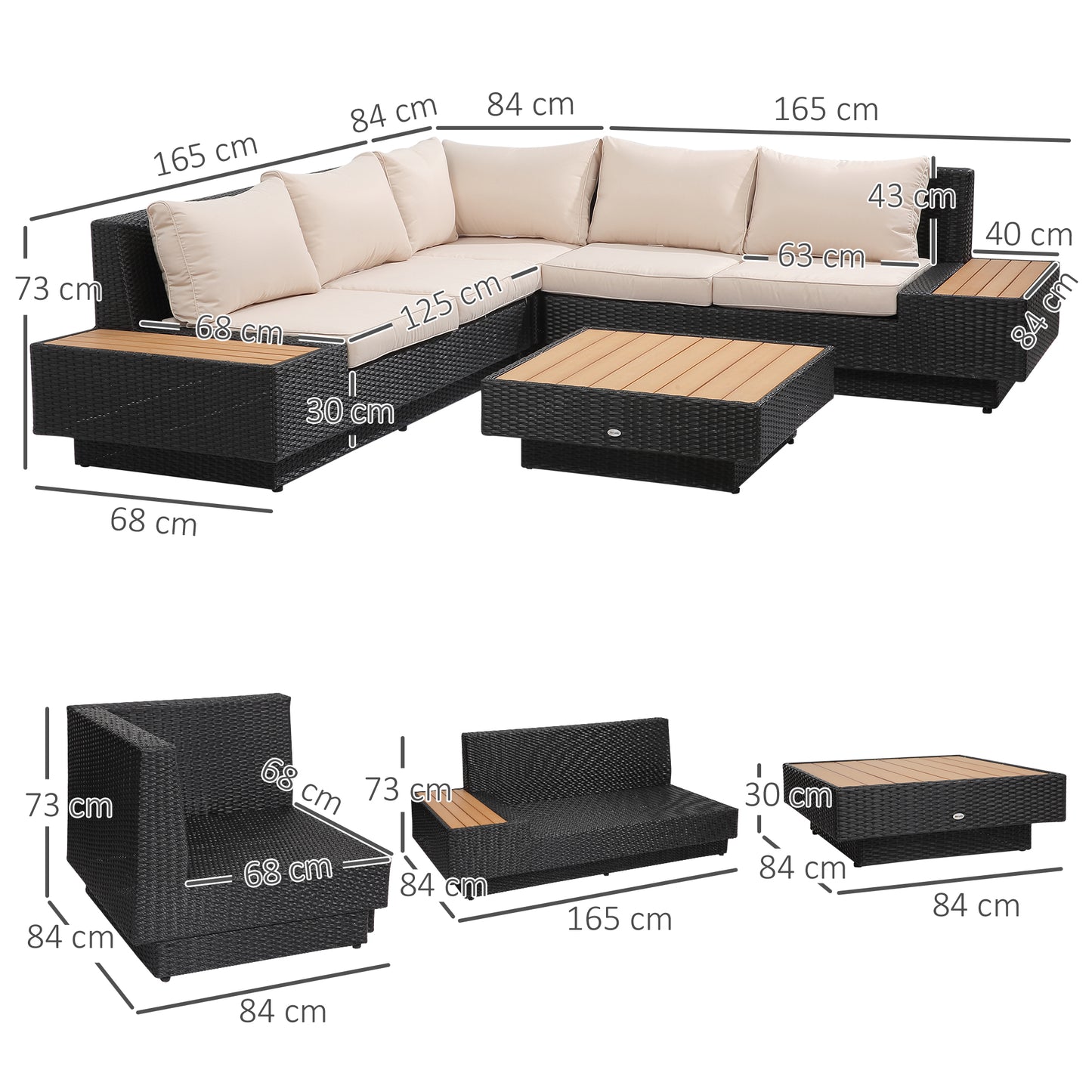 Outsunny 5-Seater Rattan Garden Furniture Outdoor Sectional Corner Sofa with Armrest and Cushions, Black