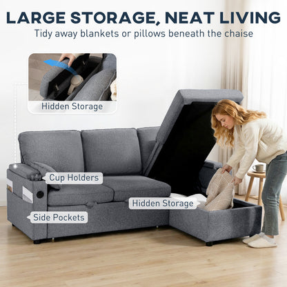 HOMCOM Corner Sofa Bed, L Shaped Sleeper Sectional Sofa with Reversible Storage Chaise, Grey