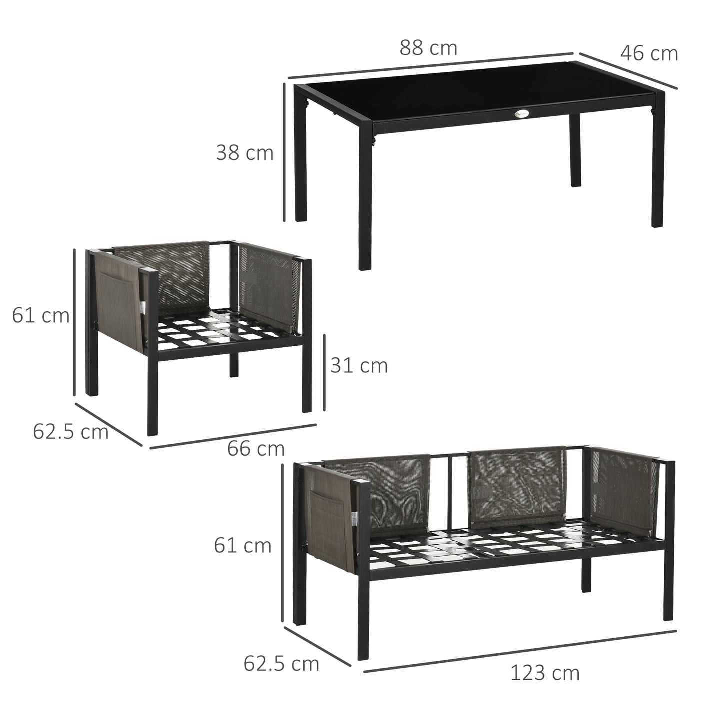Outsunny 4 Piece Metal Garden Furniture Set with Tempered Glass Coffee Table, Texteline Pocket, Outdoor Set Loveseat Single Armchairs with Padded Cushions, Light Grey