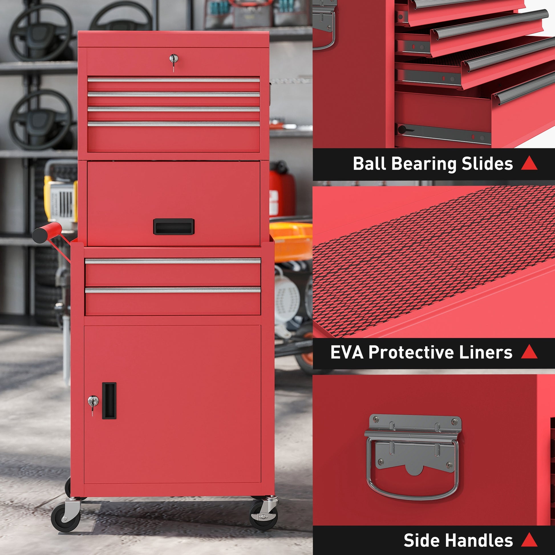 HOMCOM Three-Part Steel Locking Tool Chest - Red-Rolling Cabinets & Chests-ChewyGames-ChewyGames