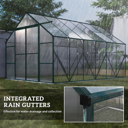 Outsunny 8 x 12ft Aluminium Greenhouse Polycarbonate Walk in Garden Greenhouse Kit with Adjustable Roof Vent, Double Sliding Door, Rain Gutter and Foundation, Clear