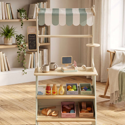 AIYAPLAY Wooden Toy Shop, Wooden Market Stall with Cash Register, Blackboard and Toy Food, 4 Storage Boxes, Ages 3+, Green