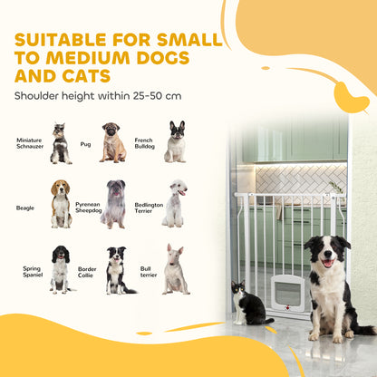 PawHut Adjustable Pet Gate with Cat Door, Pressure Fit Barrier for Doorway and Hallway, 75-85 cm, White