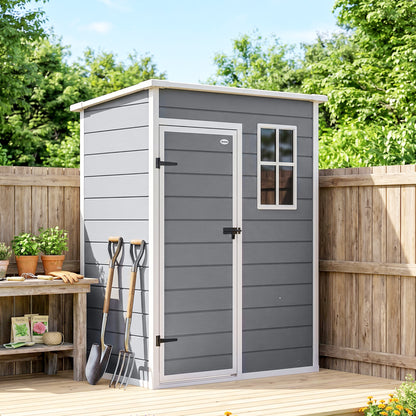 Outsunny 5' x 3' Plastic Garden Shed with Floor, Outdoor Storage Shed with Lockable Door, Window and Vent for Garden, Patio, Grey